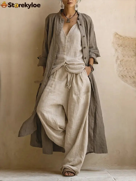 Casual Bohemian Linen And Cotton Long Cardigan And Sleeveless Top And Pants Three-piece Set - Sand / S