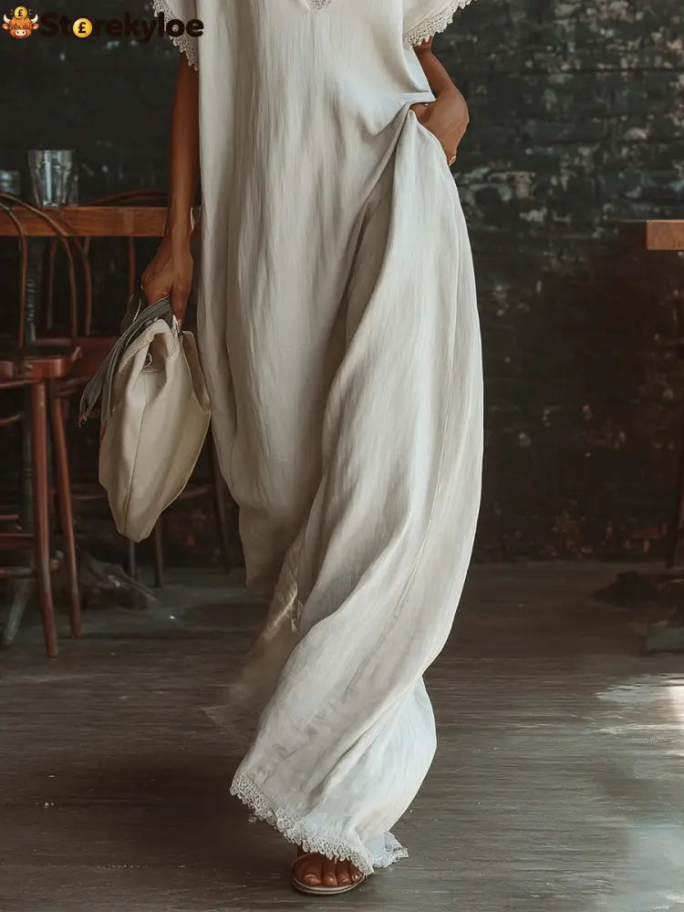 Casual Bohemian Urban V-neck Short-sleeved Lace Trim White Cotton Maxi Dress