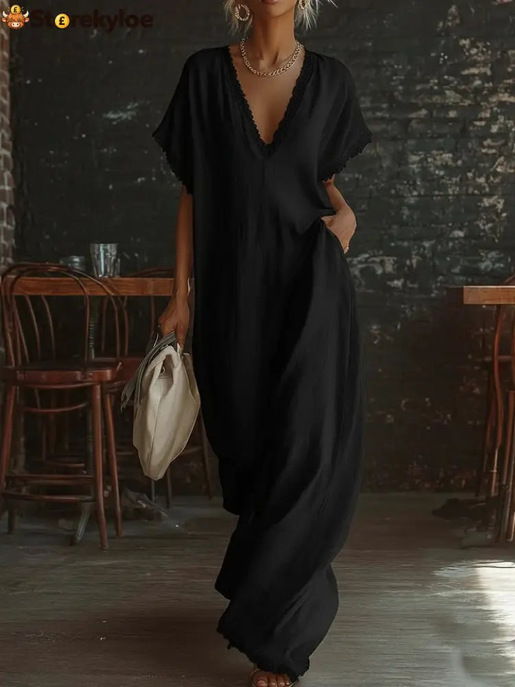 Casual Bohemian Urban V-neck Short-sleeved Lace Trim White Cotton Maxi Dress - Black / S