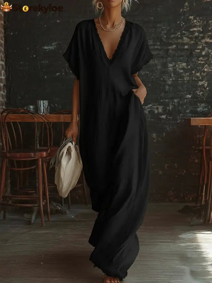 Casual Bohemian Urban V-neck Short-sleeved Lace Trim White Cotton Maxi Dress - Black / S