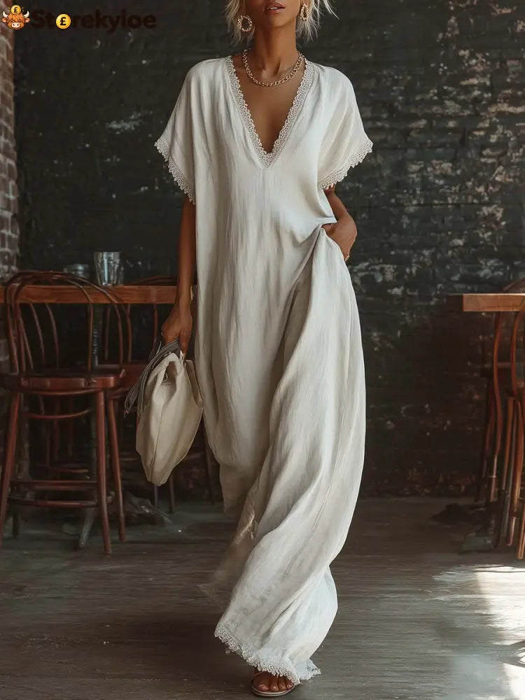 Casual Bohemian Urban V-neck Short-sleeved Lace Trim White Cotton Maxi Dress - White / S