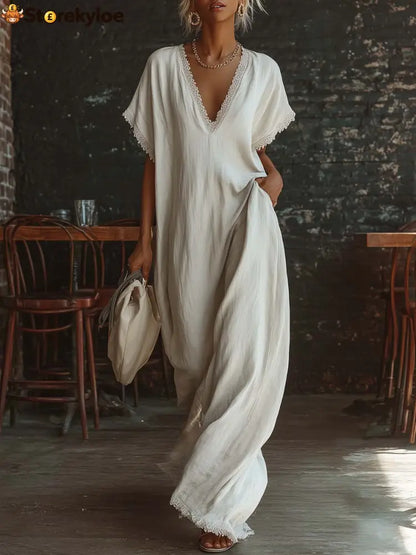Casual Bohemian Urban V-neck Short-sleeved Lace Trim White Cotton Maxi Dress - White / S