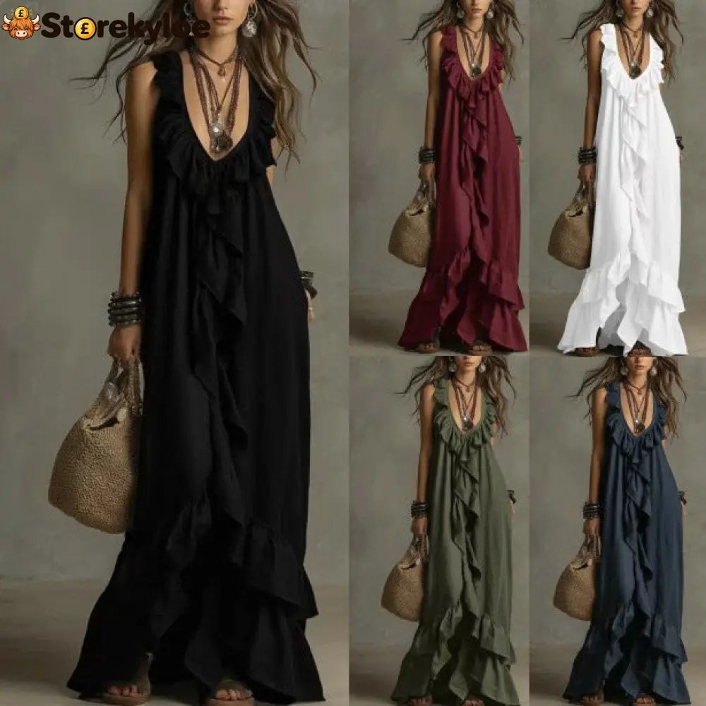 Casual Bohemian Urban V-Neck Short-Sleeved Ruffle Retro Dress
