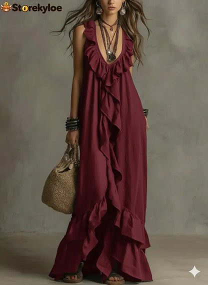 Casual Bohemian Urban V-Neck Short-Sleeved Ruffle Retro Dress