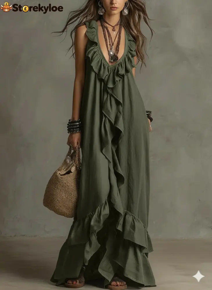 Casual Bohemian Urban V-Neck Short-Sleeved Ruffle Retro Dress - Army green / S