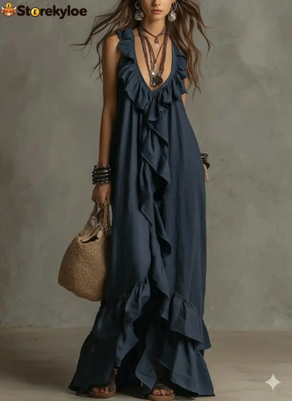 Casual Bohemian Urban V-Neck Short-Sleeved Ruffle Retro Dress - Navy blue / S