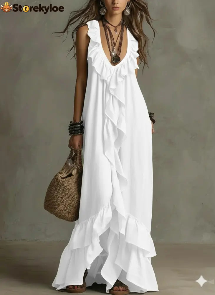 Casual Bohemian Urban V-Neck Short-Sleeved Ruffle Retro Dress - White / S