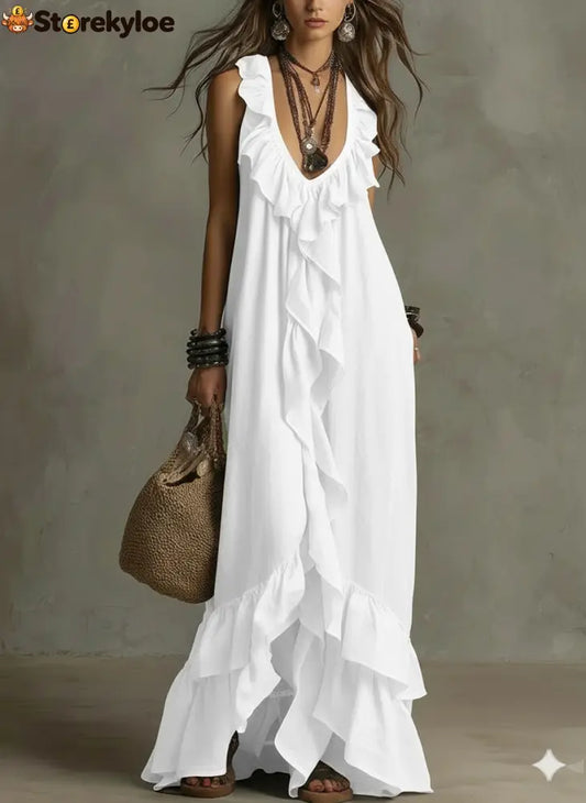 Casual Bohemian Urban V-Neck Short-Sleeved Ruffle Retro Dress - White / S