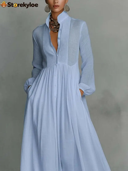 Casual Cotton Linen Maxi Dress High Waist Stand Collar Daily