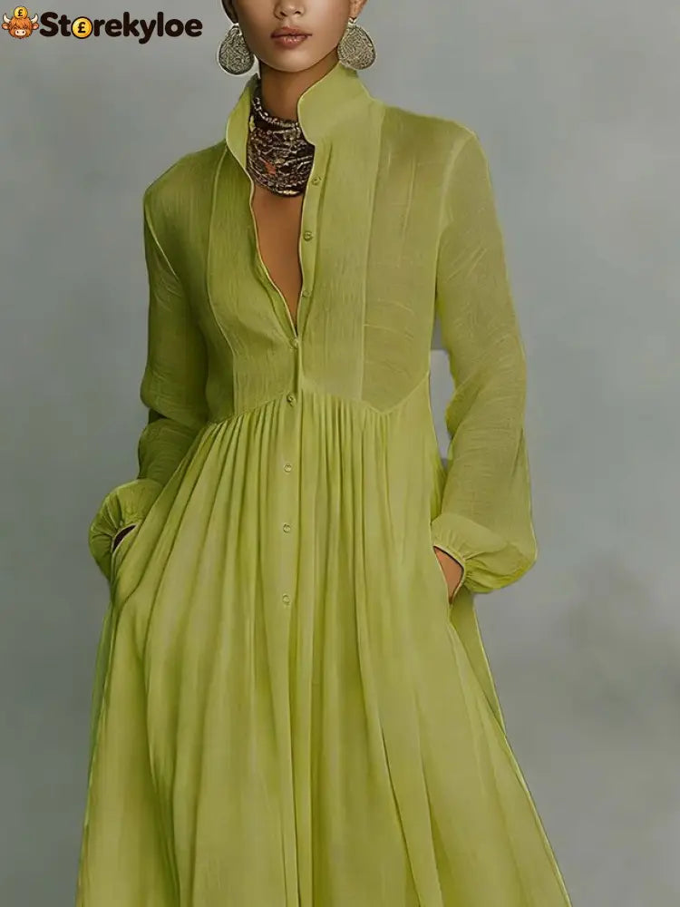 Casual Cotton Linen Maxi Dress High Waist Stand Collar Daily