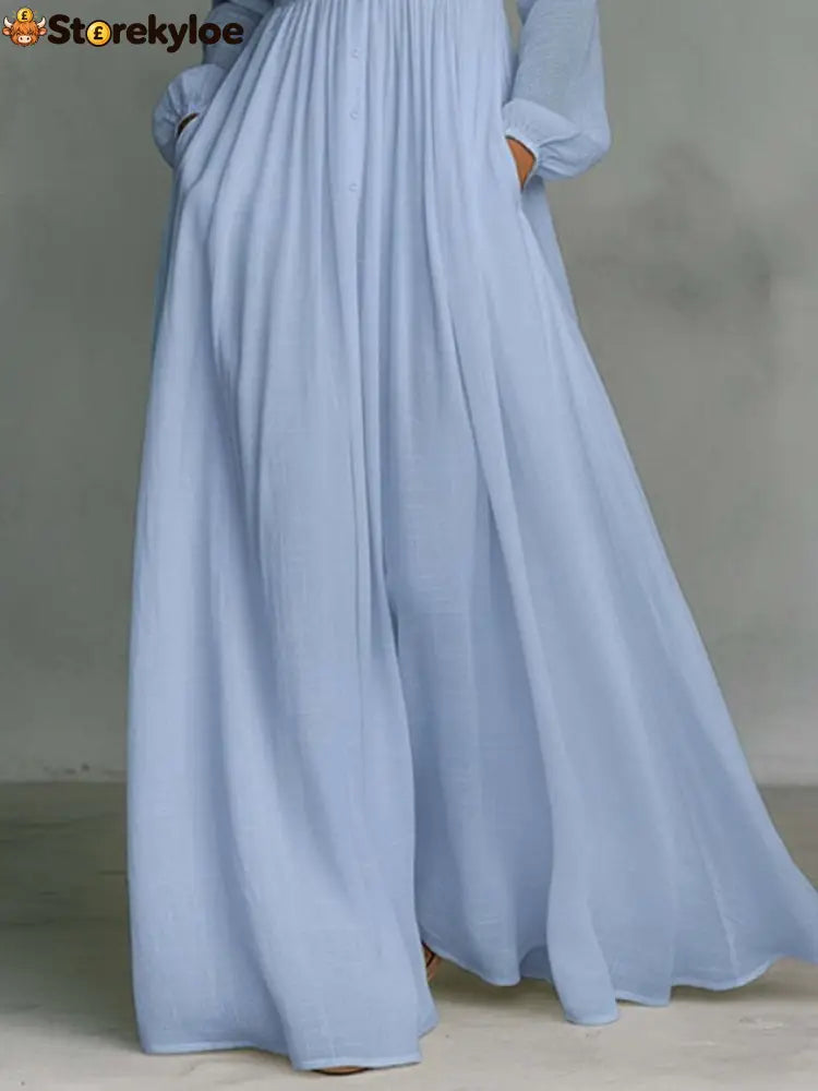 Casual Cotton Linen Maxi Dress High Waist Stand Collar Daily