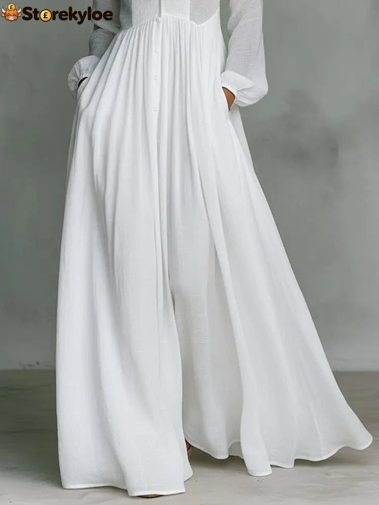 Casual Cotton Linen Maxi Dress High Waist Stand Collar Daily