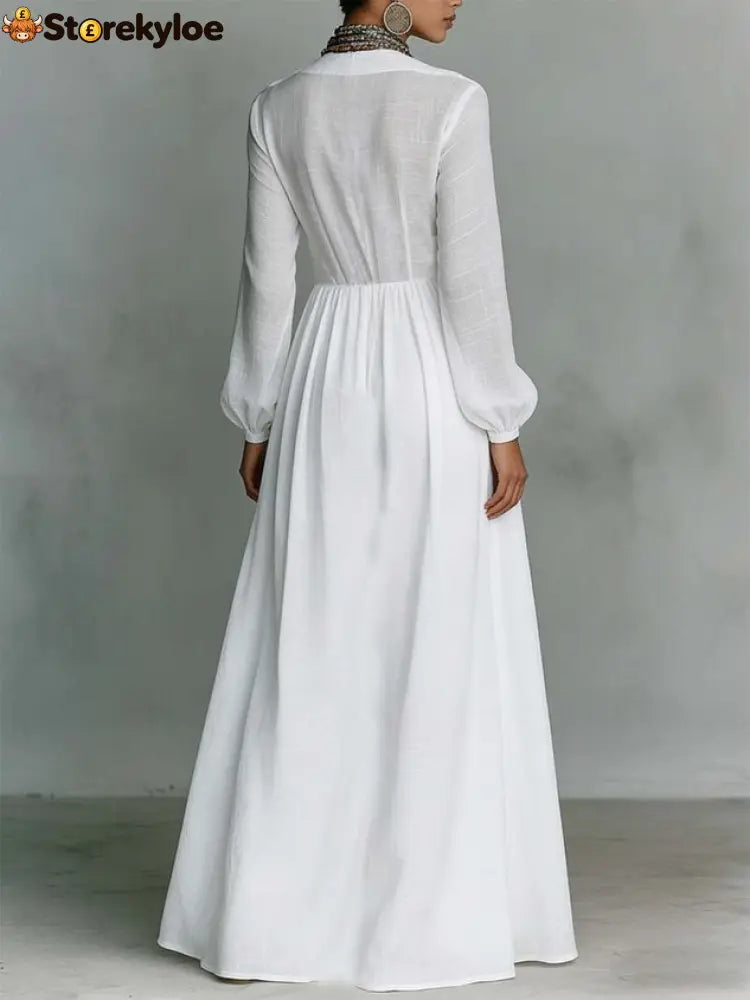 Casual Cotton Linen Maxi Dress High Waist Stand Collar Daily