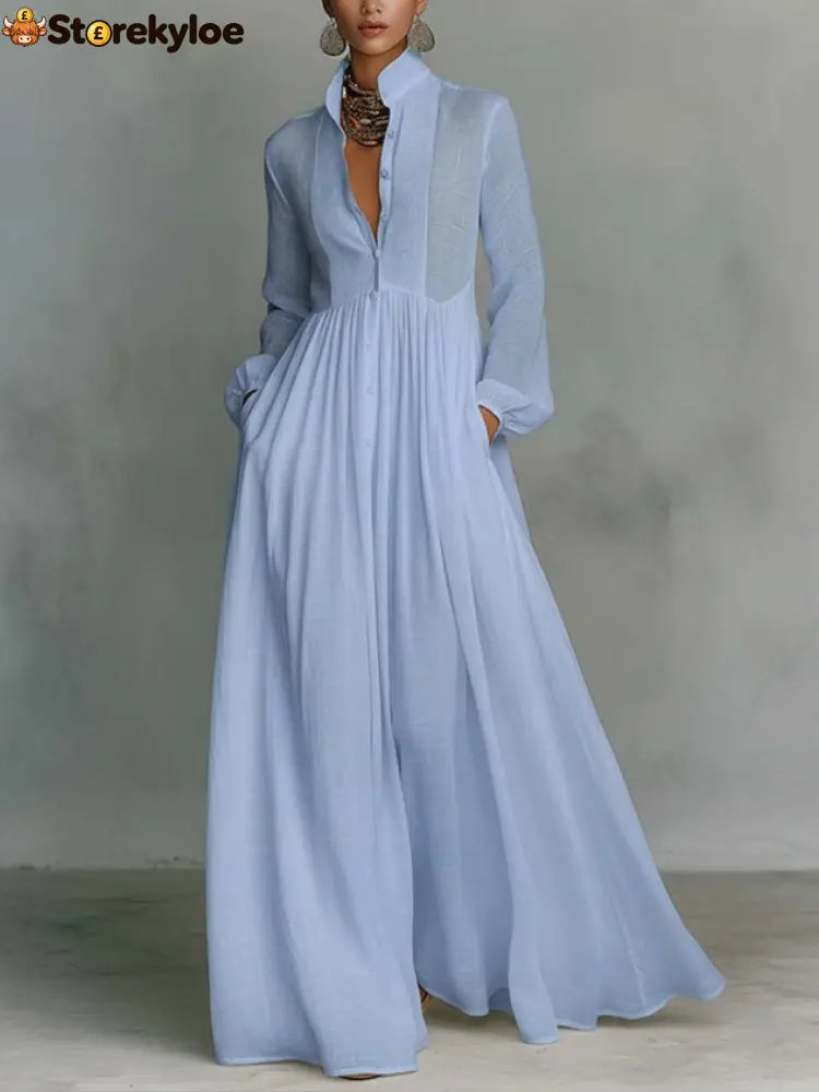 Casual Cotton Linen Maxi Dress High Waist Stand Collar Daily - Blue / S