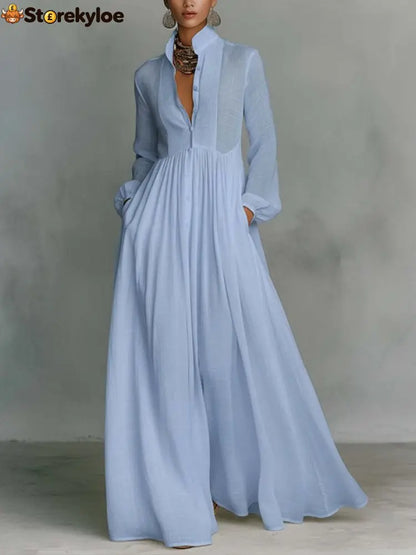 Casual Cotton Linen Maxi Dress High Waist Stand Collar Daily - Blue / S