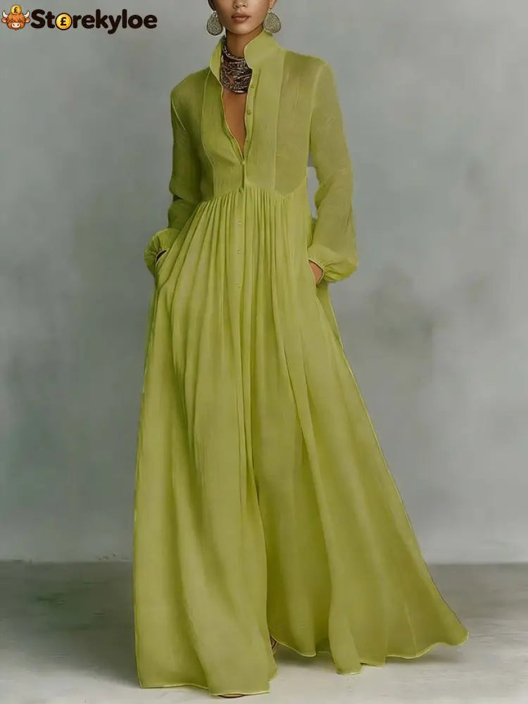 Casual Cotton Linen Maxi Dress High Waist Stand Collar Daily - Green / S