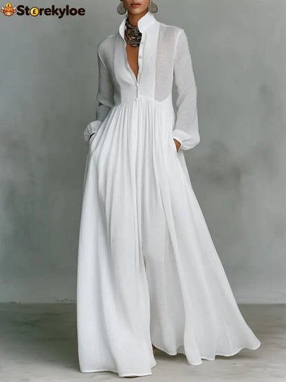 Casual Cotton Linen Maxi Dress High Waist Stand Collar Daily - White / S