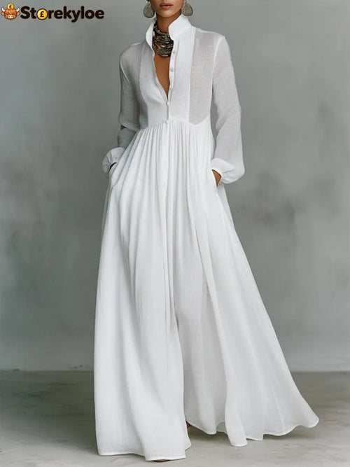 Casual Cotton Linen Maxi Dress High Waist Stand Collar Daily - White / S