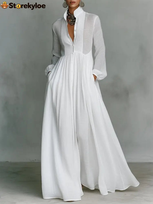 Casual Cotton Linen Maxi Dress High Waist Stand Collar Daily - White / S