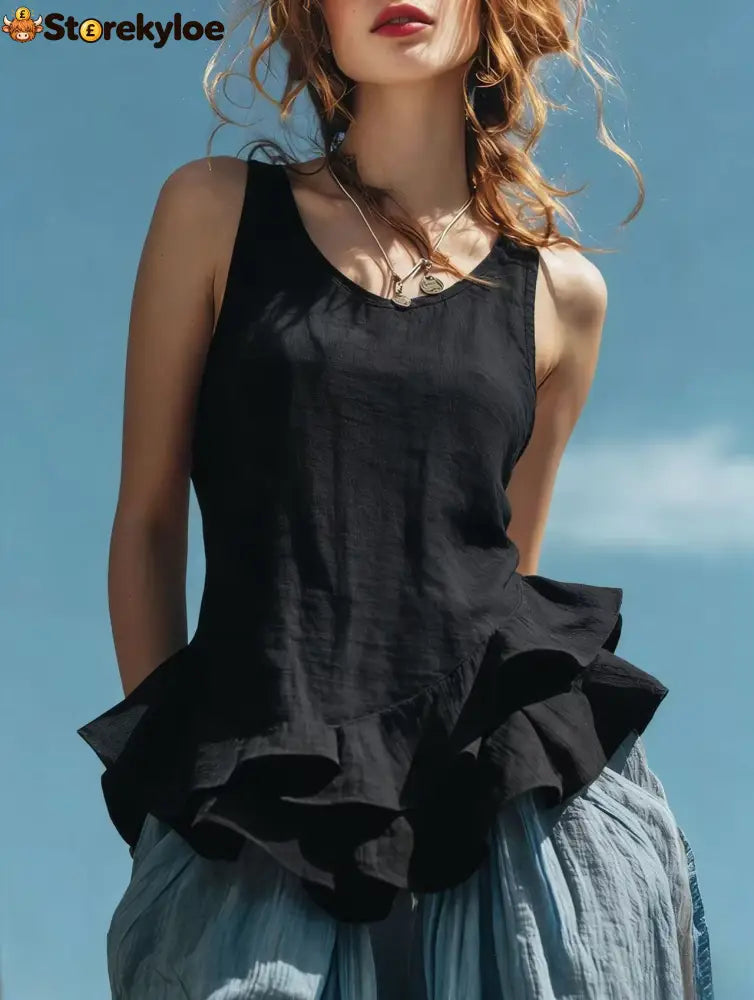 Casual Fashion Sleeveless Hem Ruffled Top - Black / S