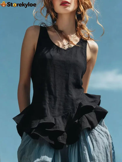 Casual Fashion Sleeveless Hem Ruffled Top - Black / S