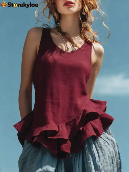 Casual Fashion Sleeveless Hem Ruffled Top - Claret / S