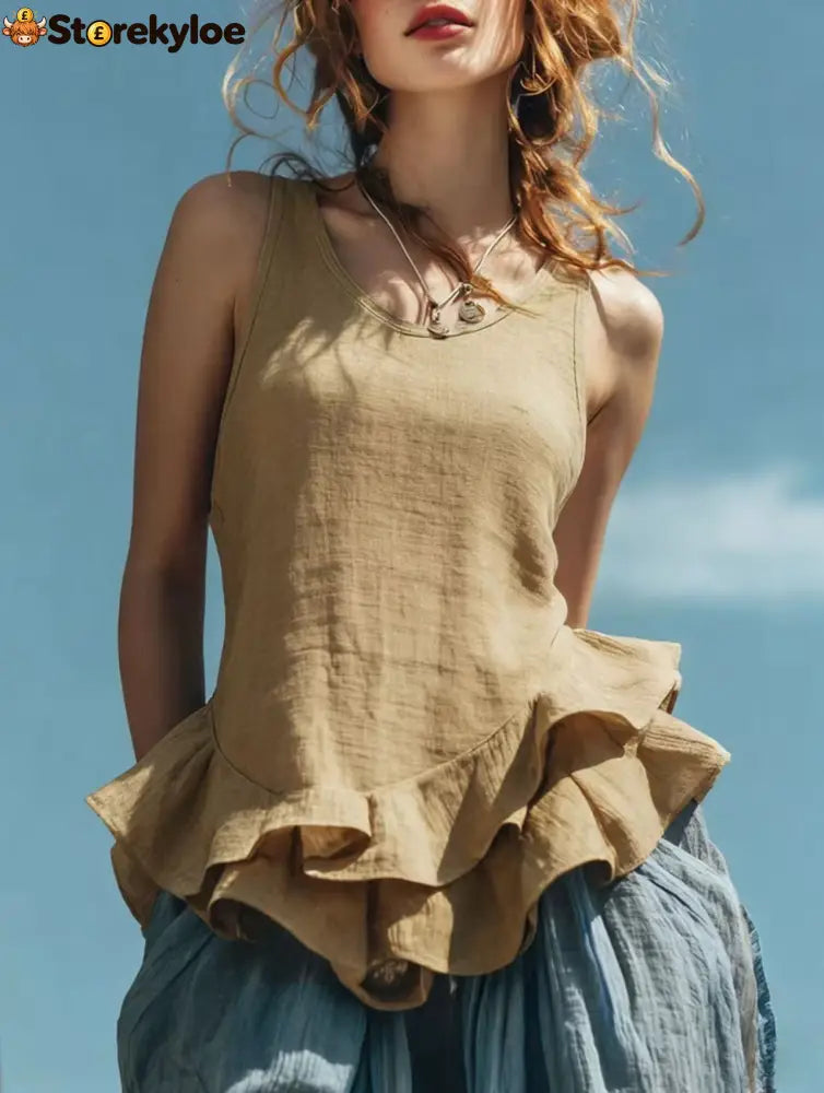 Casual Fashion Sleeveless Hem Ruffled Top - Khaki / S