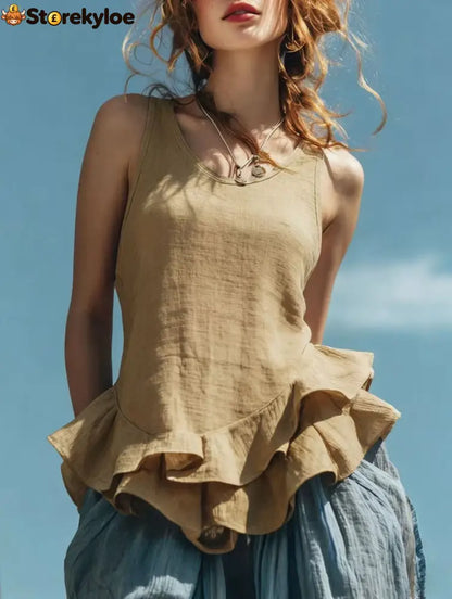 Casual Fashion Sleeveless Hem Ruffled Top - Khaki / S
