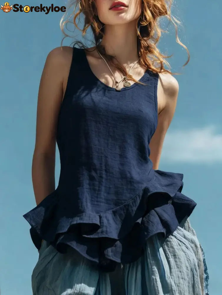 Casual Fashion Sleeveless Hem Ruffled Top - Navy blue / S