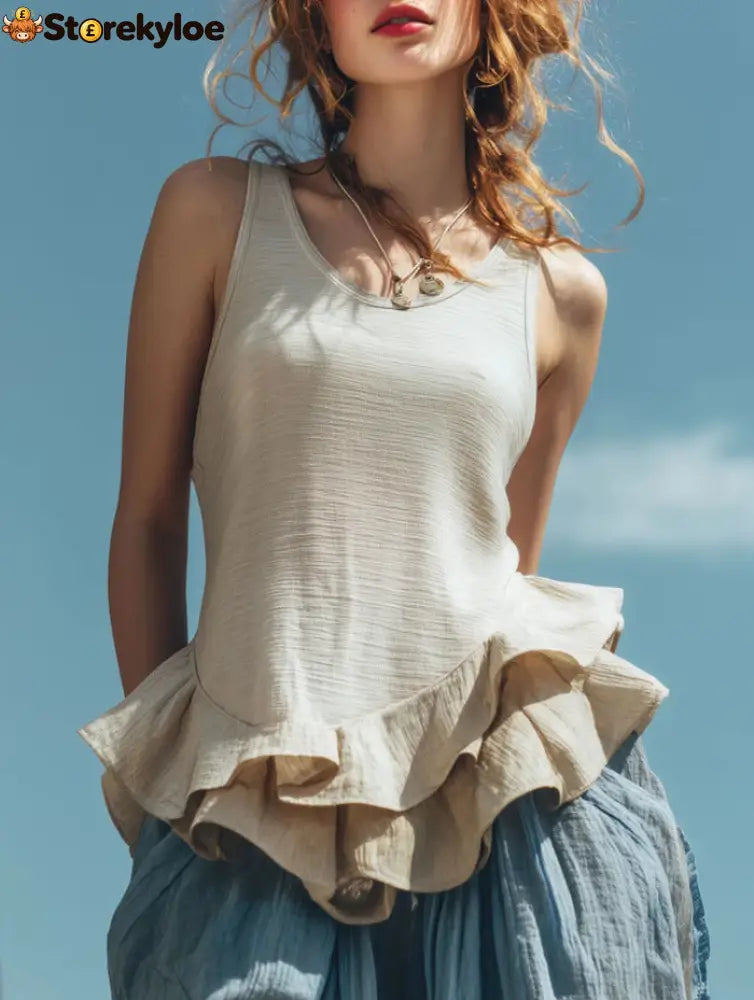 Casual Fashion Sleeveless Hem Ruffled Top - Off white / S