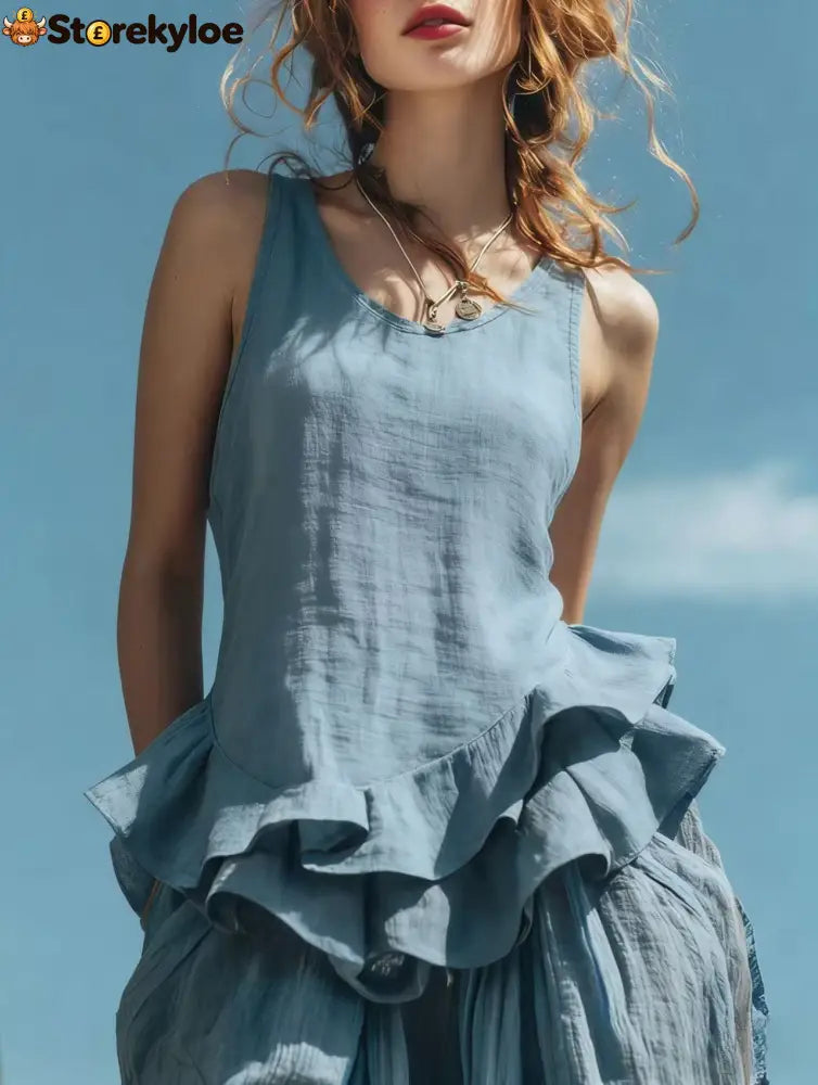 Casual Fashion Sleeveless Hem Ruffled Top - Sky blue / S