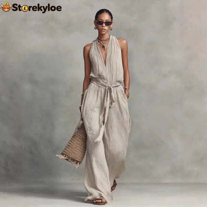Casual Lace-Up Sleeveless Cotton Blend Jumpsuit