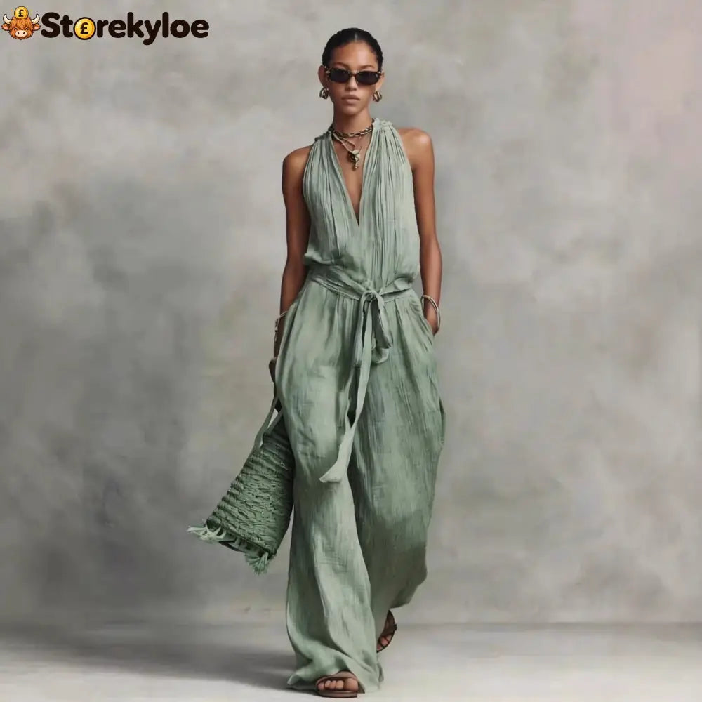 Casual Lace-Up Sleeveless Cotton Blend Jumpsuit