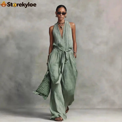 Casual Lace-Up Sleeveless Cotton Blend Jumpsuit