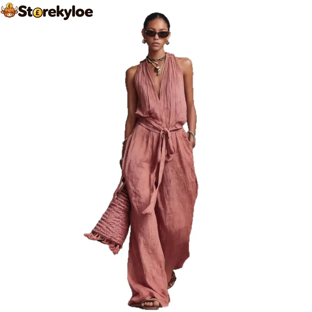 Casual Lace-Up Sleeveless Cotton Blend Jumpsuit