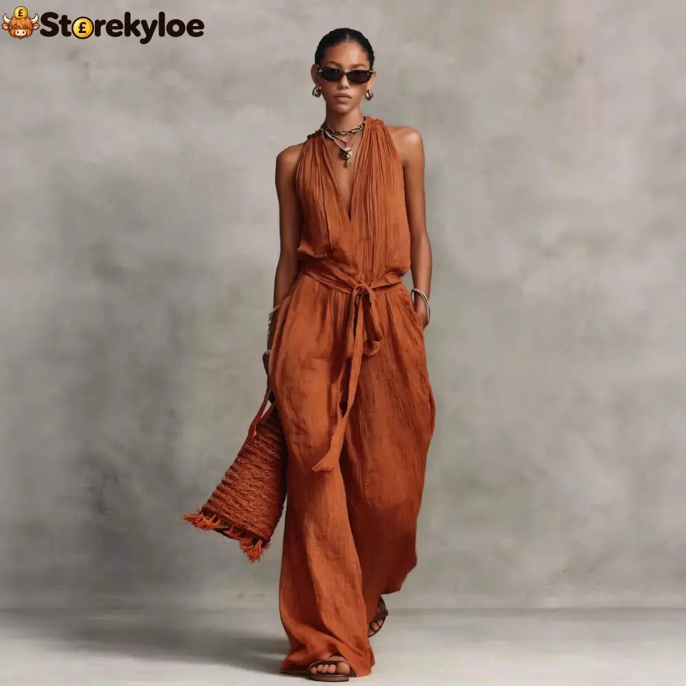 Casual Lace-Up Sleeveless Cotton Blend Jumpsuit