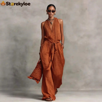 Casual Lace-Up Sleeveless Cotton Blend Jumpsuit