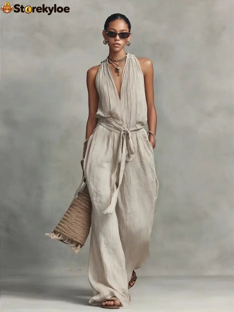 Casual Lace-Up Sleeveless Cotton Blend Jumpsuit - Apricot / S