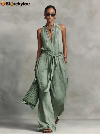 Casual Lace-Up Sleeveless Cotton Blend Jumpsuit - Blue / S