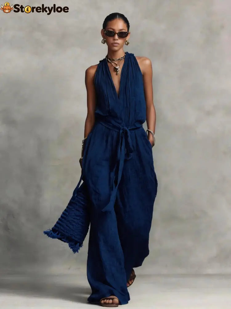 Casual Lace-Up Sleeveless Cotton Blend Jumpsuit - Navy blue / S