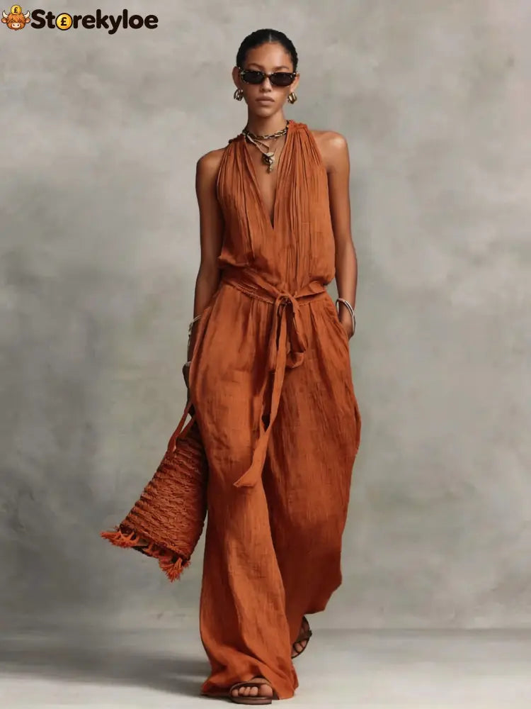 Casual Lace-Up Sleeveless Cotton Blend Jumpsuit - Orange red / S
