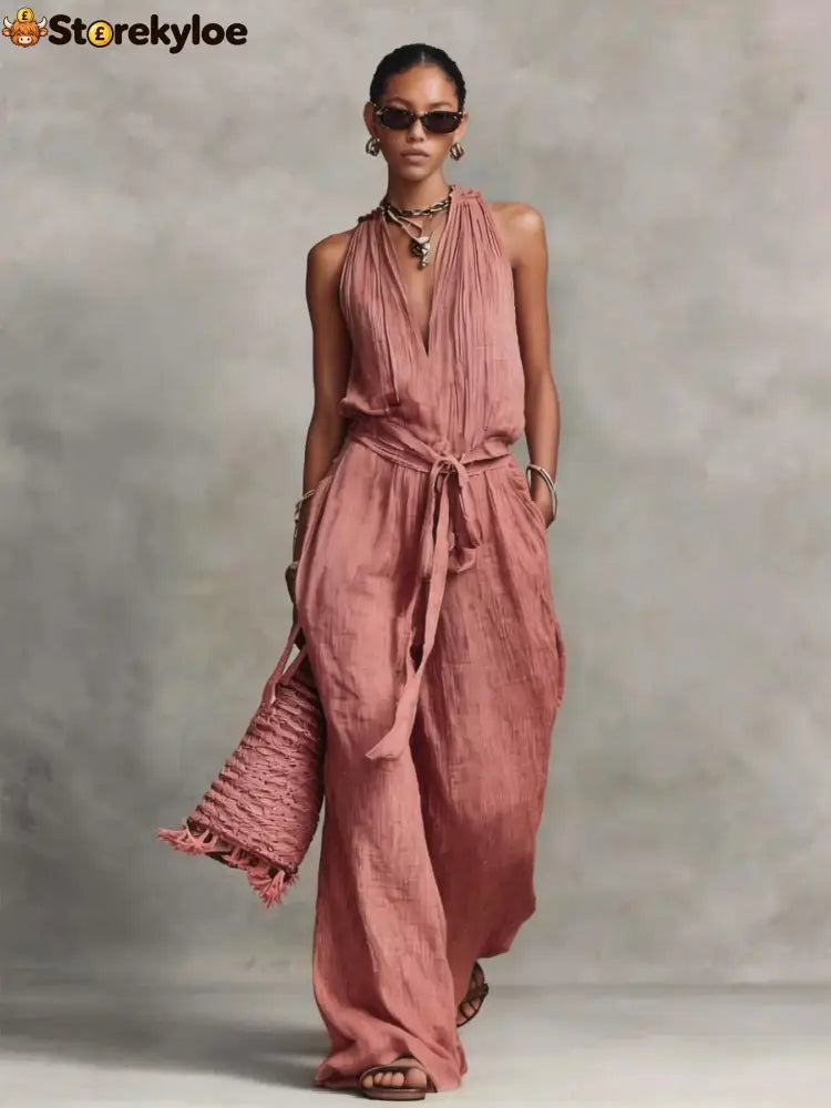 Casual Lace-Up Sleeveless Cotton Blend Jumpsuit - Pink / S