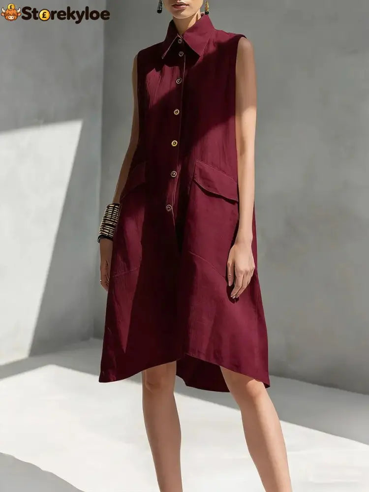 Casual Loose Fit Midi Dress for Women (Multi-Color) - Burgundy / S