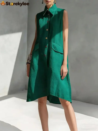 Casual Loose Fit Midi Dress for Women (Multi-Color) - Green / S