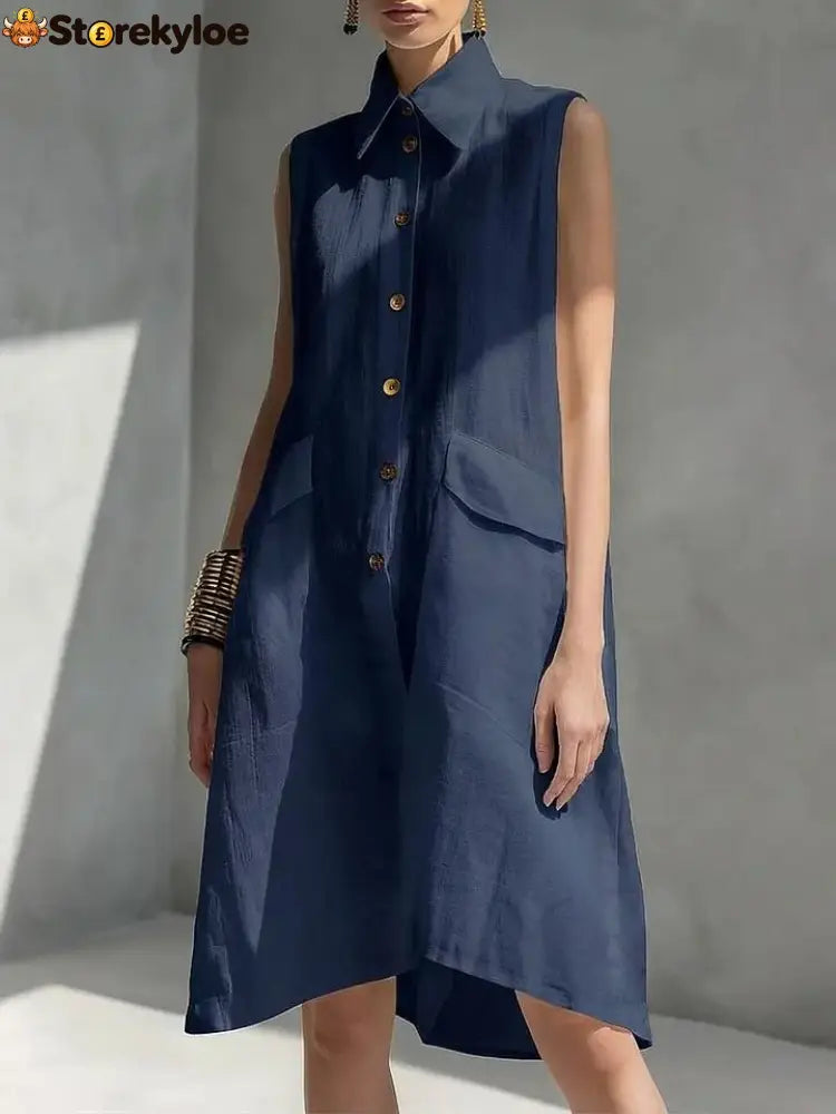 Casual Loose Fit Midi Dress for Women (Multi-Color) - Navy blue / S