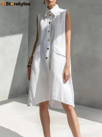 Casual Loose Fit Midi Dress for Women (Multi-Color) - White / S