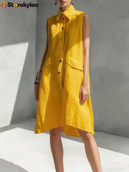 Casual Loose Fit Midi Dress for Women (Multi-Color) - Yellow / S