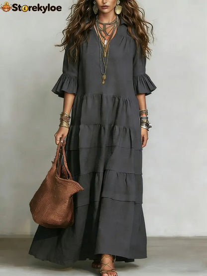 Casual Loose-fitting Linen And Cotton Half Sleeves Dress - Black / S