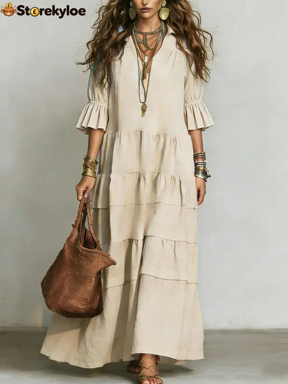 Casual Loose-fitting Linen And Cotton Half Sleeves Dress - Khaki / S