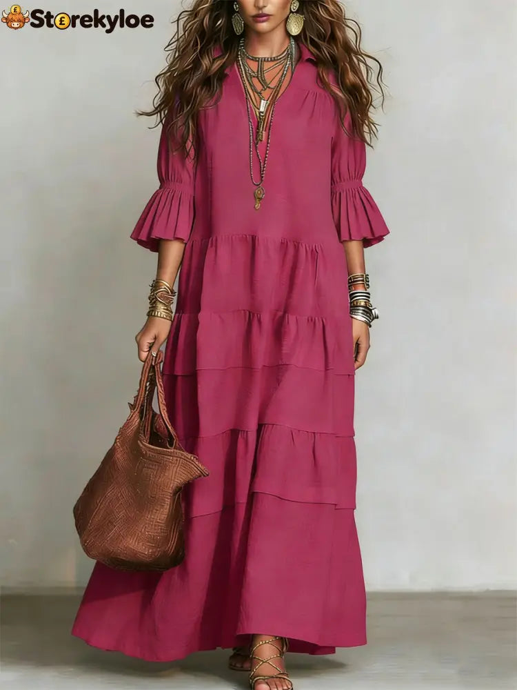 Casual Loose-fitting Linen And Cotton Half Sleeves Dress - Rose / S